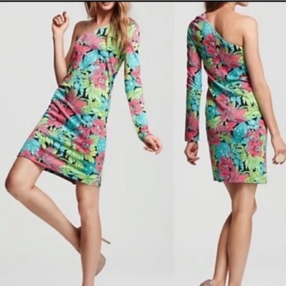 Lilly Pulitzer Whitaker Skip in It dress one shoulder long sleeve floral Size Sm - Picture 2 of 8